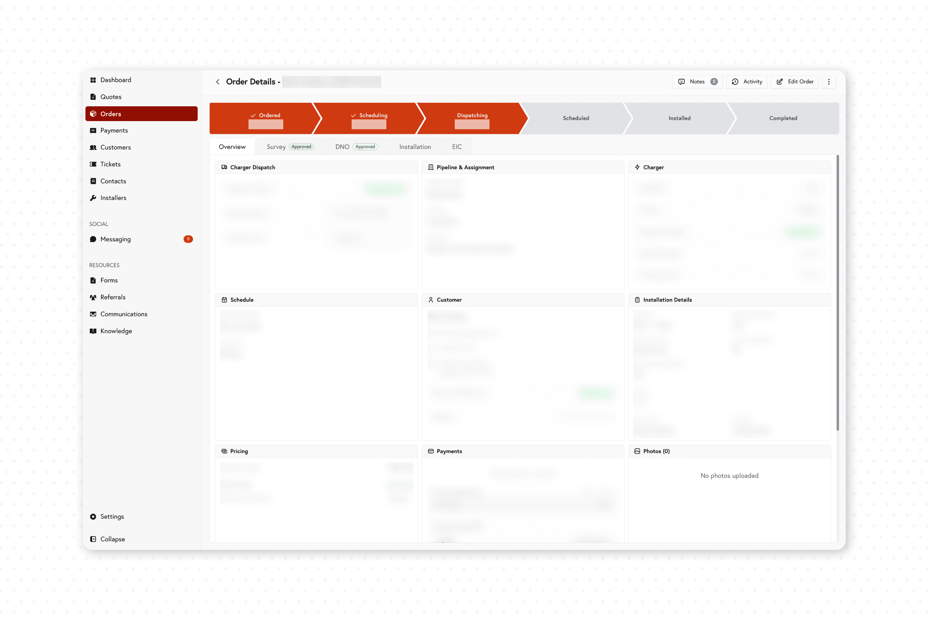 waEV-charge order detail with install pipeline and compliance tabs
