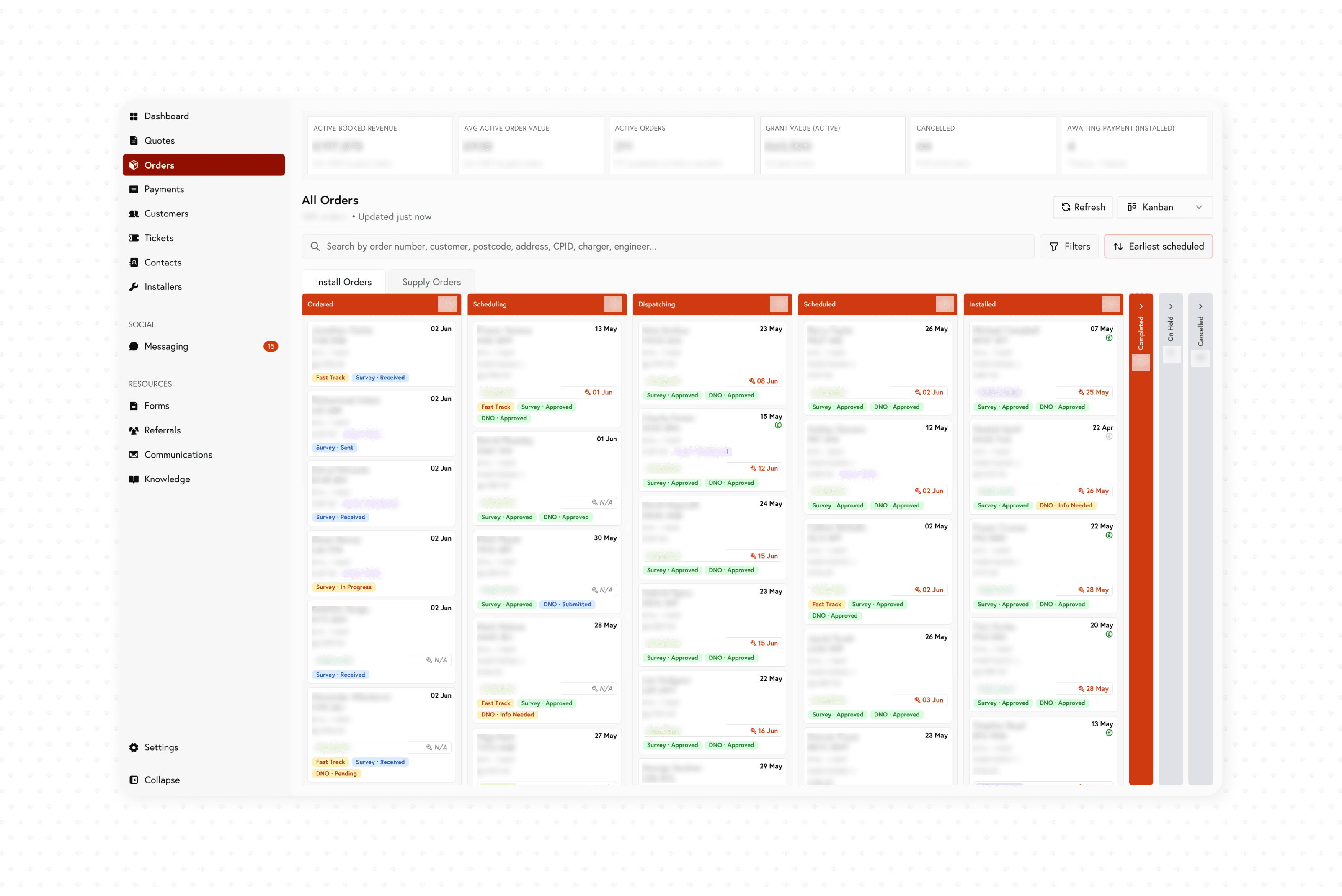 waEV-charge operations dashboard — install orders pipeline with live KPIs